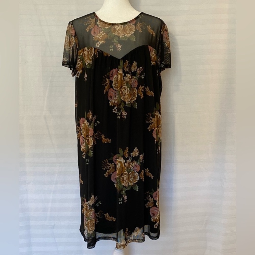 Dark Floral Sheer Black Shift Tunuc Dress